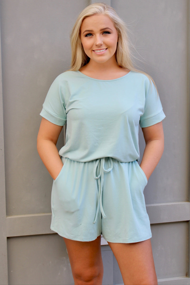 Green Short sleeve Romper with front tie