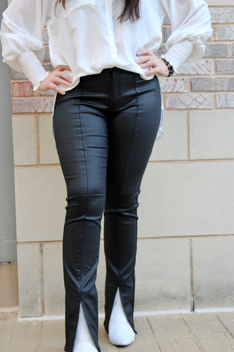 Coated Black Jeans with Front Slit
