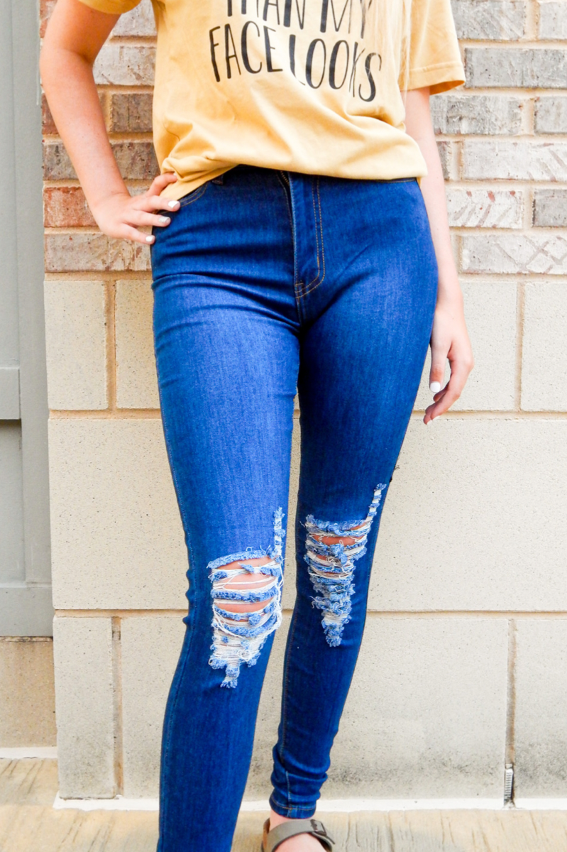 high waist skinny with distressing knee and below