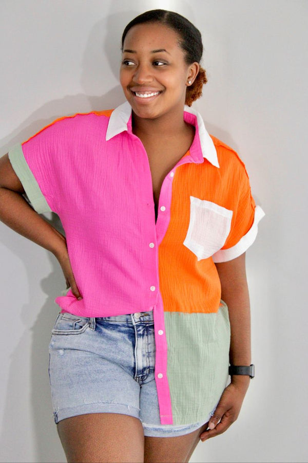 Color Block Button Down Orange, Pink, Green and White