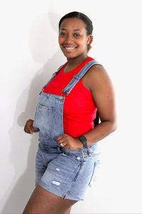 Red Tank Top under Overalls 