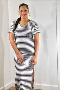 Black and White Horizontal stripe v-neck maxi dress