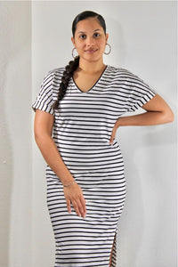 Black and White Horizontal stripe v-neck maxi dress